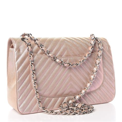 Chanel Metallic Caviar Chevron Quilted Jumbo Double Flap Light 